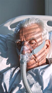 Elderly patient resting in hospital bed, wearing oxygen mask, soft light filtering through window blinds, creating dramatic shadows across weary facial features