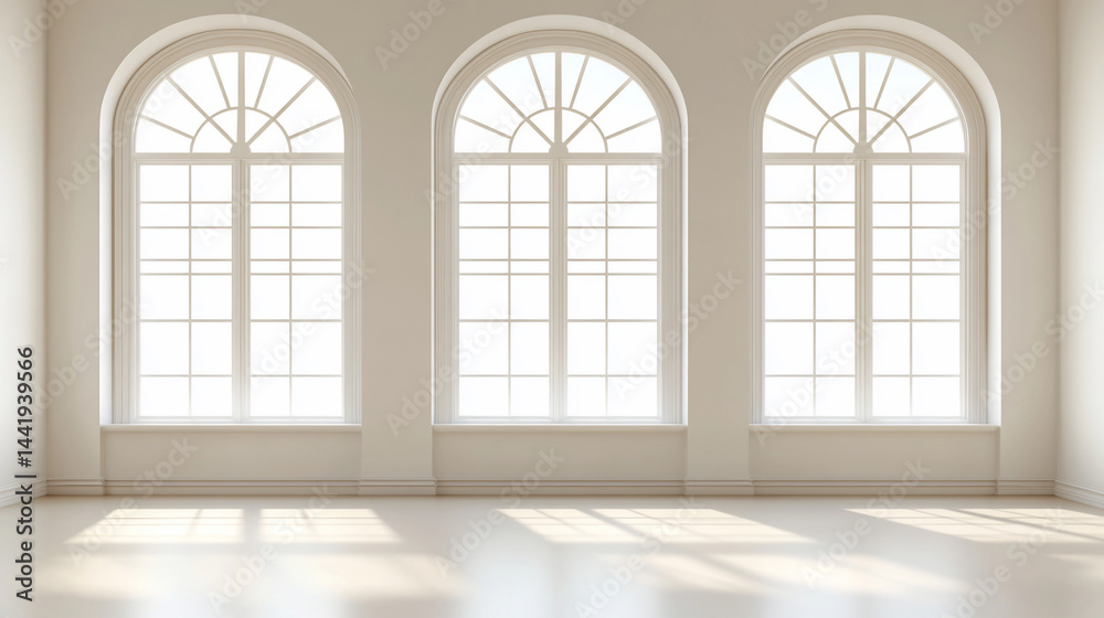 Aufkleber three arched windows in a minimalist room, sunlight streaming in.