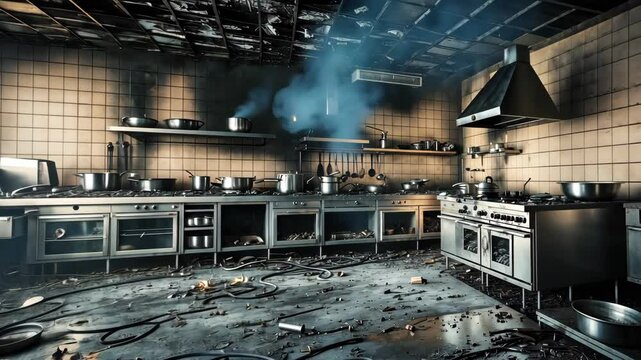 Commercial Kitchen with Fire and Smoke Damage After Incident