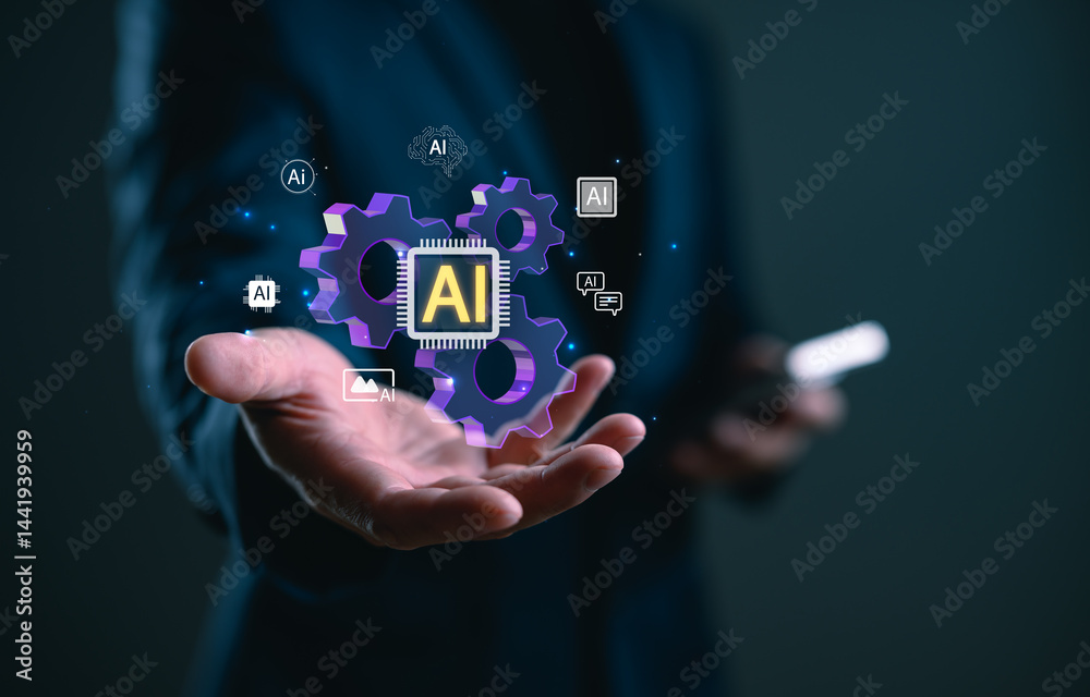 Poster businessman show artificial intelligence technology with gear icons and automation symbols, represen