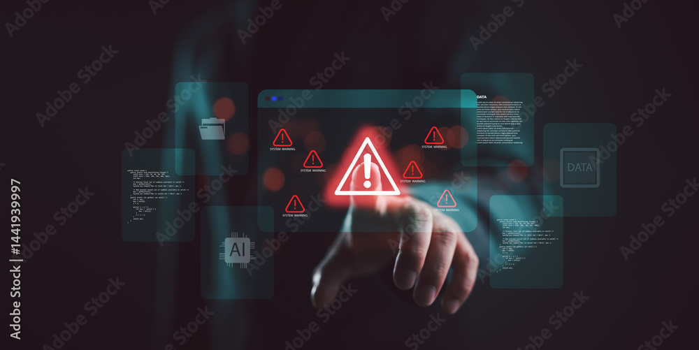 Leinwandbilder System warning alert on virtual interface with hand interaction. Concept of cybersecurity risk, data breach, malware, hacking, IT failure, and digital system vulnerability in modern technology.