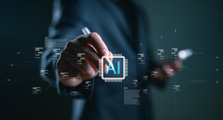 Businessman working with AI chip interface and big data flow structure. Concept for artificial intelligence, data processing, automation, innovation, and digital transformation.