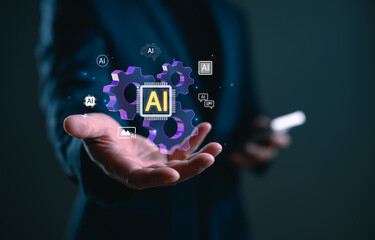 Businessman show artificial intelligence technology with gear icons and automation symbols, representing AI innovation, machine learning, automation, digital transformation, future technology trends.