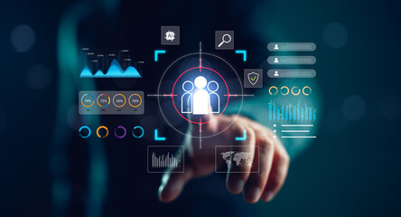 Futuristic interface showing customer data analytics and AI-driven target audience identification. Ideal for marketing, CRM, and business intelligence concepts.