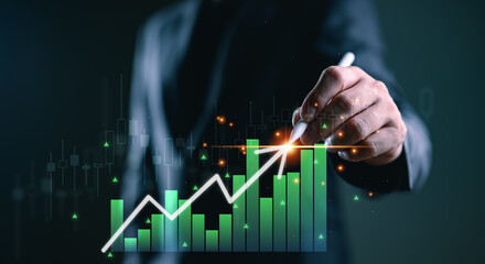 Businessman analyzing stock market chart with growth bar graph and arrow trend. Concept of business growth, financial success, investment strategy, economic forecast, and data analytics.