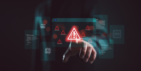System warning alert on virtual interface with hand interaction. Concept of cybersecurity risk, data breach, malware, hacking, IT failure, and digital system vulnerability in modern technology.