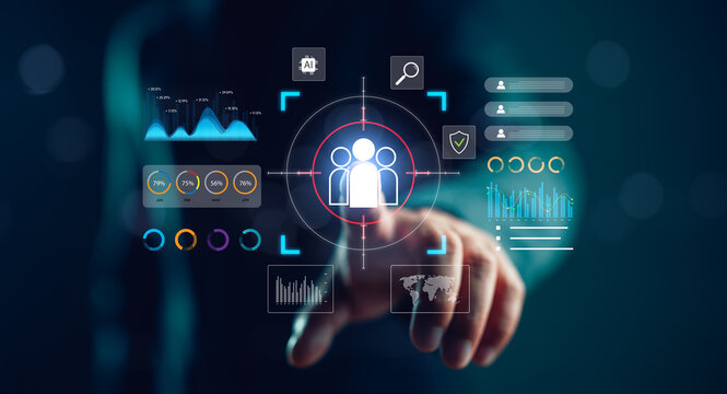 Futuristic interface showing customer data analytics and AI-driven target audience identification. Ideal for marketing, CRM, and business intelligence concepts.
