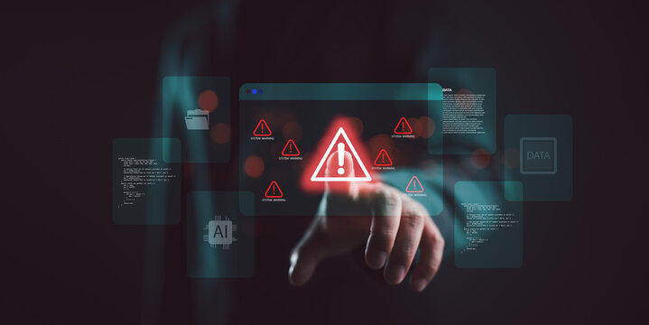 System warning alert on virtual interface with hand interaction. Concept of cybersecurity risk, data breach, malware, hacking, IT failure, and digital system vulnerability in modern technology. - Powered by Adobe