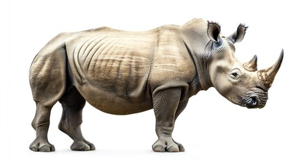 Naklejka premium A rhino standing with a large horn, against a white backdrop