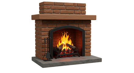 Classic Brick Fireplace with Burning Fire and Tools