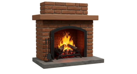 Classic Brick Fireplace with Burning Fire and Tools