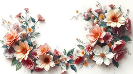 Obraz premium eleganter Blumenrahmen mit schönen Blüten, ideal für Einladungen, Hochzeiten, Muttertag, Valentinstag, Geburtstage und romantische Designs.