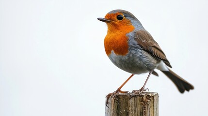 Fototapeta premium A robin bird perched on a wooden post, set against white
