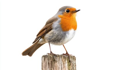 Fototapeta premium A robin bird perched on a wooden post, set against white