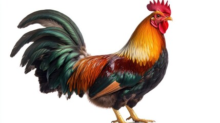 Fototapeta premium A rooster crowing at sunrise, isolated on a white background