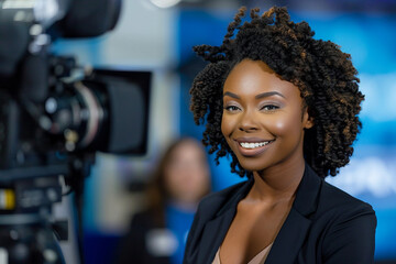 Generative AI Image of Female Television Host Conducting Live Interview in Studio