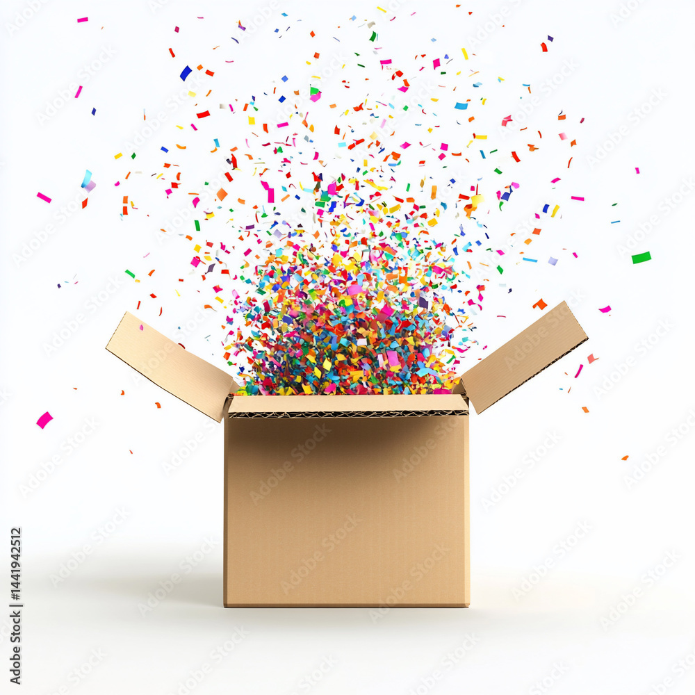 Poster open cardboard box overflowing with colorful confetti on white background.
