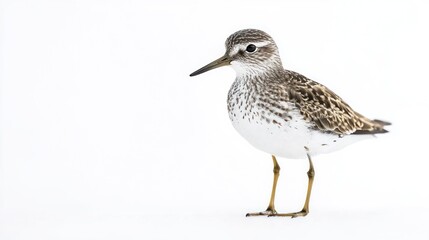 Obraz premium A sandpiper standing on one leg, against white