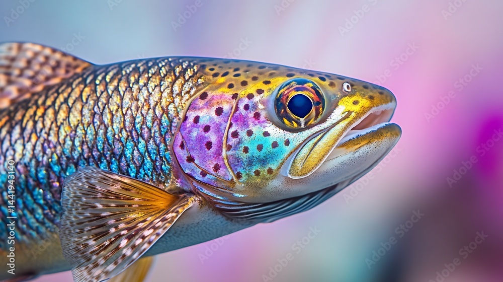 Poster close-up of a vibrant rainbow trout, showcasing its iridescent scales and intricate details against 