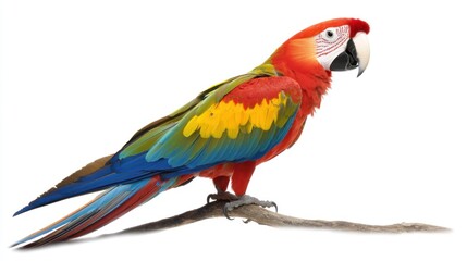 Fototapeta premium A scarlet macaw perched, set against white