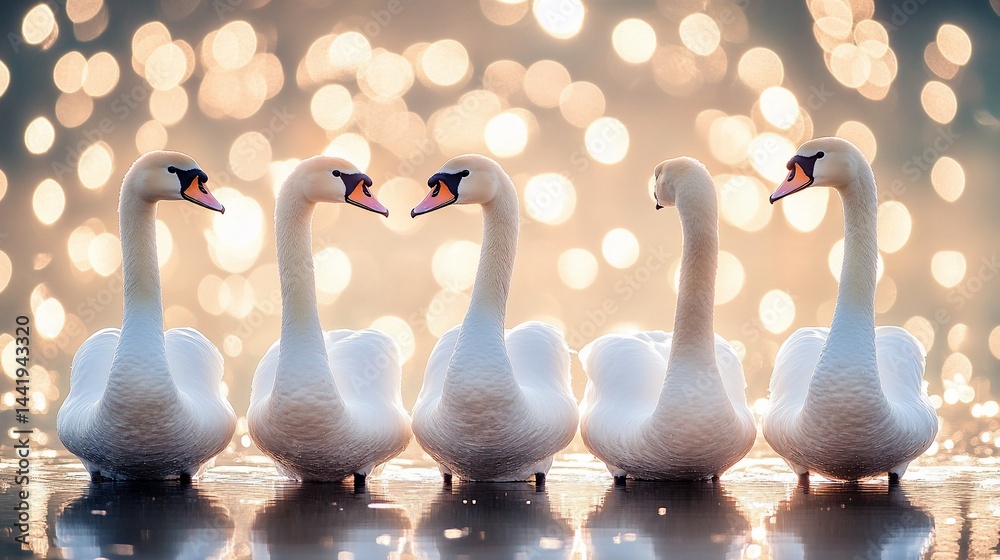 Poster Four elegant swans facing each other on calm water with bokeh background.