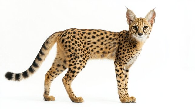 A serval cat standing with long legs, against a white background