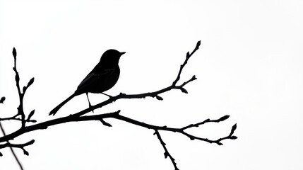 A simple bird silhouette perched on a branch, against white