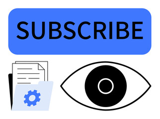 Blue subscribe button, large eye icon, folder containing documents with gear. Ideal for subscription, email list, user interface, digital service, content access, analytics simple landing page
