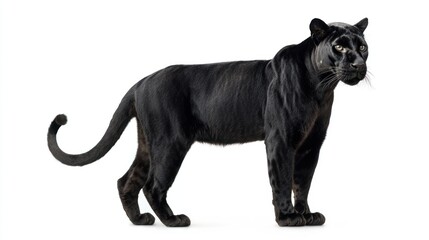 A sleek black panther standing gracefully, against a white background
