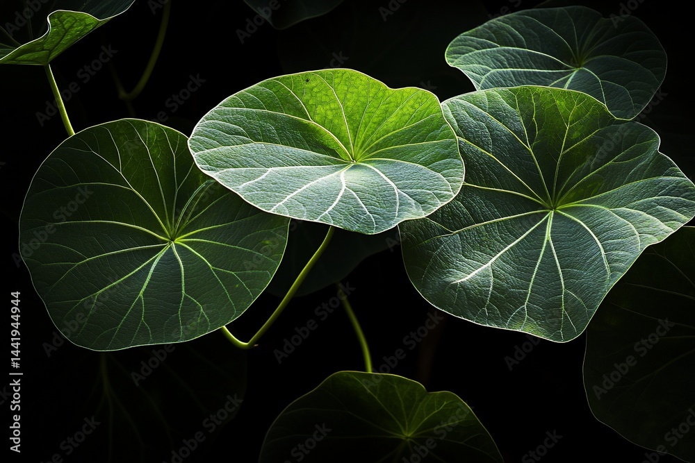 Poster lush green leaves with intricate vein patterns, illuminated against a dark background.