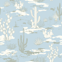 Seamless Pattern of Desert Landscape with Cacti and Vegetation. Wild West Surface Poster Design for All Fabrics and Prints. Background Wallpaper featuring Arizona vector artwork.