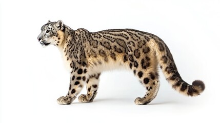 Obraz premium A snow leopard standing with a thick tail, isolated on white