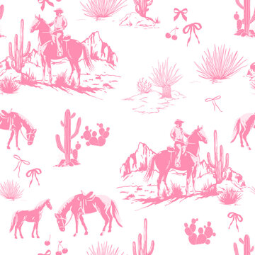 Seamless vector pattern Rodeo Cowboys , a desert landscape with cacti, pink bows, and cherries a design for fabrics and prints in the Wild West style