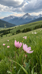 Delicate pink petals of the official Montana state flower. Bitterroot. bloom in a lush green meadow surrounded by rolling hills and majestic mountain peaks.