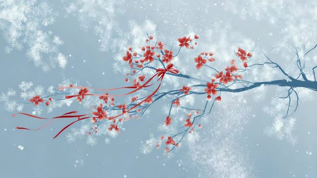 Beautiful cherry blossom branch adorned with red ribbons and snowflakes in a serene winter backdrop