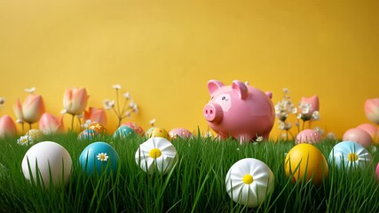 Pink piggy bank surrounded by colorful Easter eggs and flowers