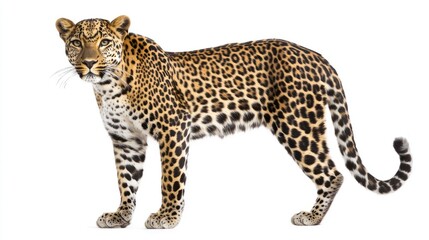 Fototapeta premium A spotted leopard standing alert, isolated on white