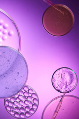 Cosmetic moisturizing water molecules are round and transparent, placed in a petri dish. Clear gel with many bubbles floating on the surface is placed around. Laboratory concept with purple fluid.