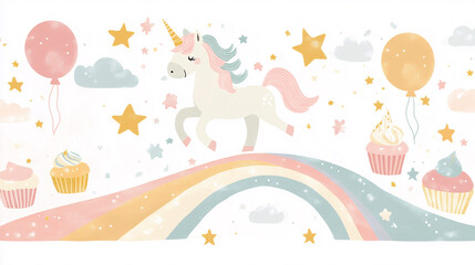 Whimsical Unicorn with Cupcakes, Rainbow, and Balloons in Pastel Colors