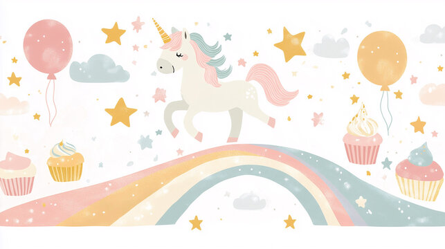 Whimsical Unicorn with Cupcakes, Rainbow, and Balloons in Pastel Colors