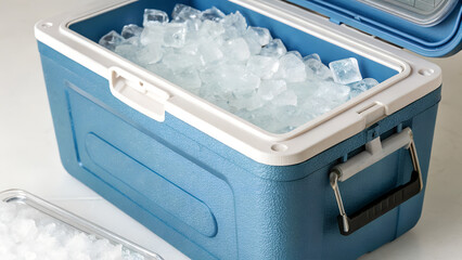 Blue Insulated Cooler Box Filled with Ice Cubes - A blue insulated cooler box filled with ice cubes. designed to keep food and drinks chilled while on the go.