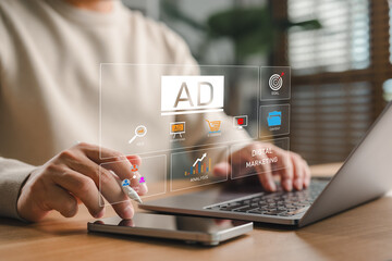 Modern digital marketing strategy using virtual interface technology, highlighting advertising, SEO, analytics, and e-commerce, perfect for business and online marketing visuals.