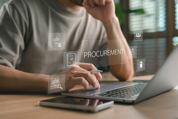 Professional analyzing procurement strategy through virtual interface, focusing on decision-making, contract management, and workflow automation in modern digital business.