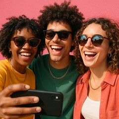 Three friends with curly hair and stylish sunglasses standing in front of a vibrant pink wall, smiling and having fun while taking a selfie with a phone.