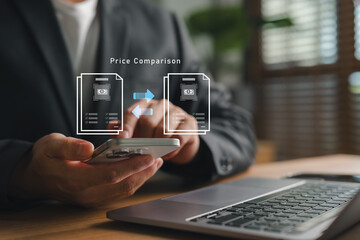 Businessman comparing quotations and making procurement decisions through digital platform,...