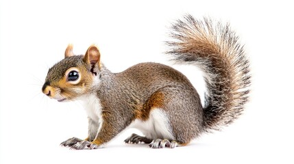 A squirrel standing with a fluffy tail, against white