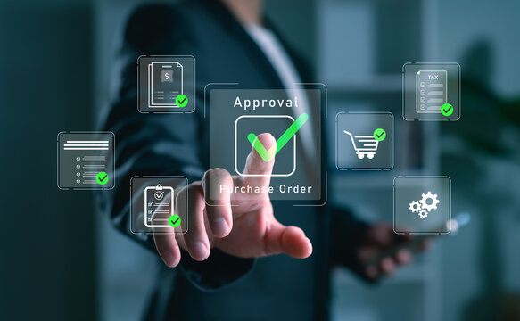 Businessman approving purchase orders and procurement documents via digital platform, highlighting automated workflows, decision-making, and efficient purchasing systems.
