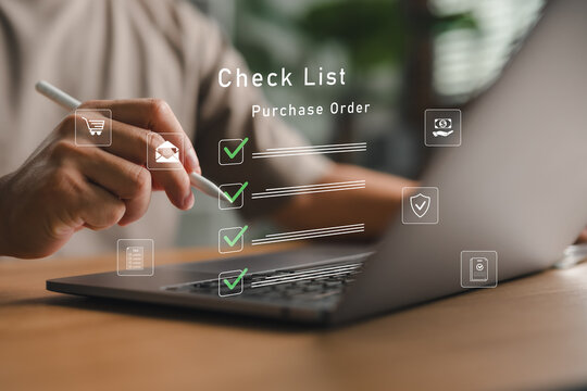 Professional reviewing digital purchase order checklist to verify procurement details, ensuring accuracy, compliance, and successful transaction in modern business operations.