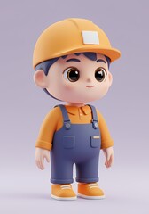 Fototapeta premium Cartoon Worker Standing with Hard Hat and Overalls in 3D Render