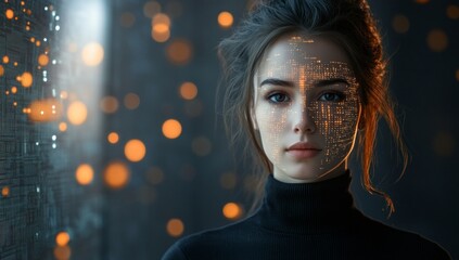A woman with a face made of computer code